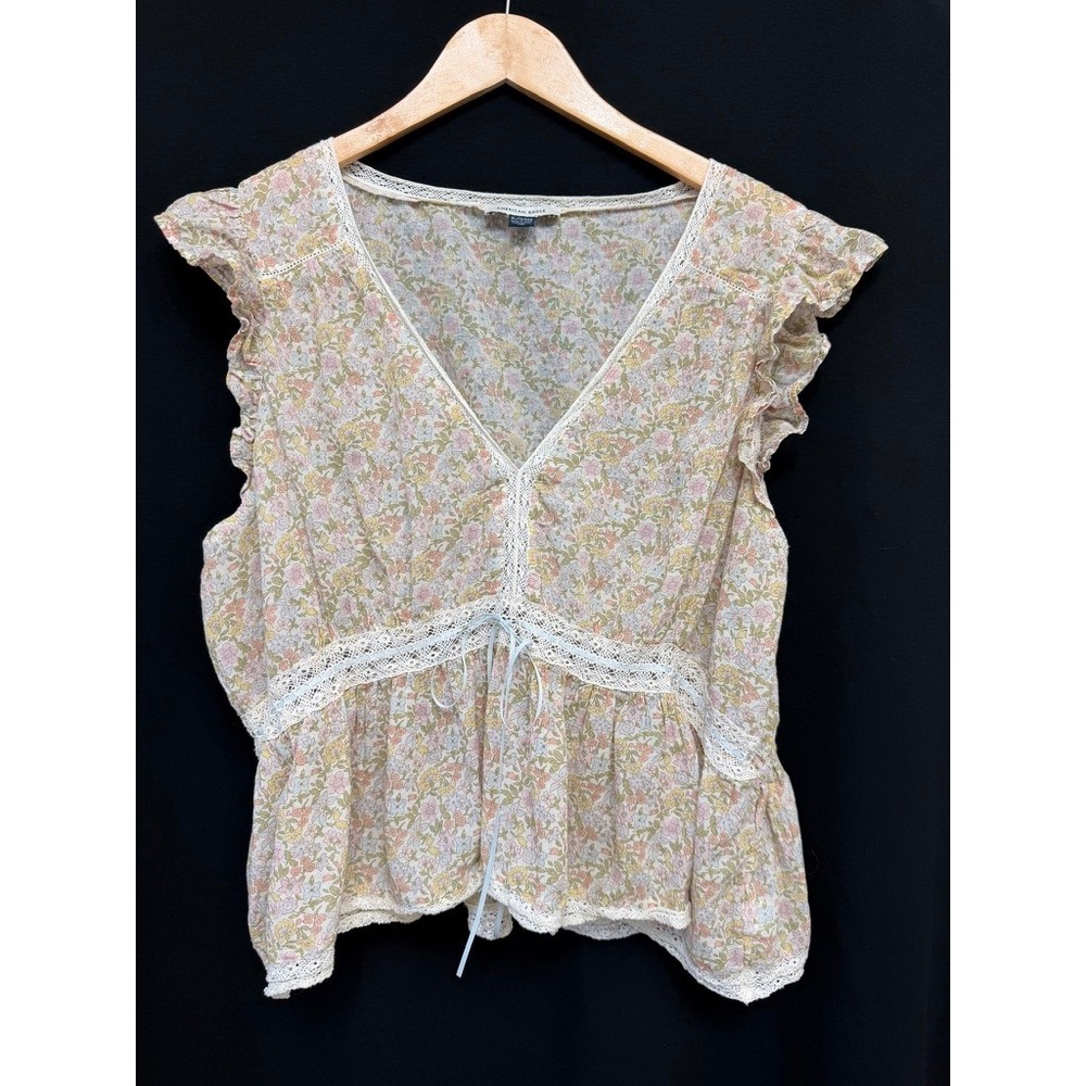 American Eagle Floral Lace Trim Peplum Top XL Pastel Cottagecore Boho